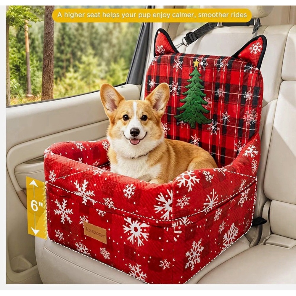 CABZOON Dog Booster Car Seat, Small, Up to 35 lbs, Red Plaid Snowflake[CLT]